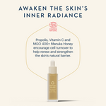 Manuka Health skincare product with text about skin care benefits on a light beige background
