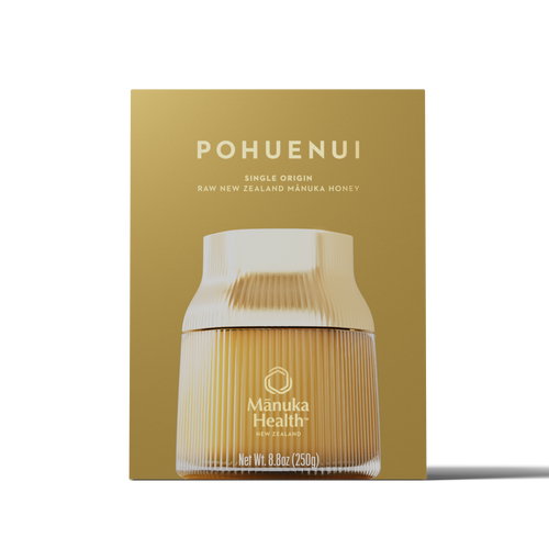 Manuka Health Manuka Honey Single Origin Pohuenui MGO 856+ honey jar packaging with Pohuenui branding on a beige background.