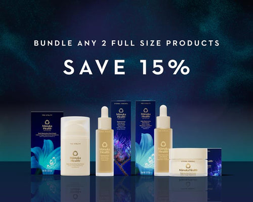 Manuka Health skincare bundle offer. 15% off two or more skincare products.