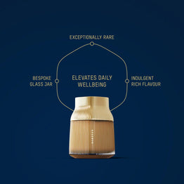 Manuka Health Manuka Honey Reserve MGO 1000+Gold glass jar with text on a dark blue background. 