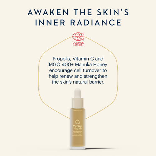 Manuka Health skincare product with text about skin care benefits on a light beige background