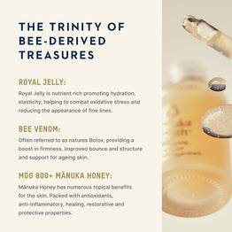 An informational product graphic with the headline 'THE TRINITY OF BEE-DERIVED TREASURES' on a cream background, alongside text describing Royal Jelly, Bee Venom, and MGO 800+ Mánuka Honey, plus a softly blurred photo of honeycomb packaging and droplets on the right.