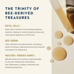 An informational graphic titled 'THE TRINITY OF BEE-DERIVED TREASURES' with text describing royal jelly, bee venom, and MGO 800+ Manuka honey, alongside a close-up photo of honey droplets and a glass pipette on the right side.