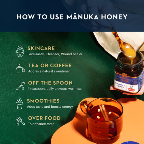 Manuka honey jar with spoon and tea cup on a green background, showing how to use manuka honey.