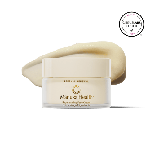 Manuka Health Eternal Renewal Face Cream jar with lid on a clean white background.