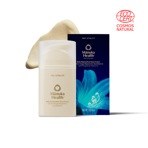 Manuka Health Pro Vitality Face Cream bottle and packaging on a clean white background. 