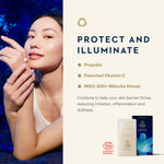 Cosmos Natural Protect and Illuminate skin cream advertisement featuring a woman touching her face on the left, product packaging on the right, and key ingredients listed on a cream-colored background.